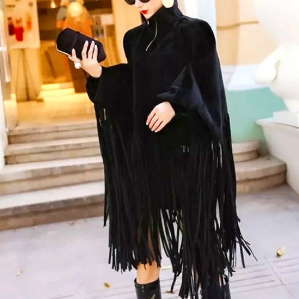 Chic Fringe Turtleneck Poncho Dress
